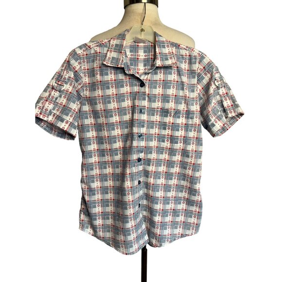 Adrian Delafield Blouse M Button Up short sleeve pocket plaid red whit blue - Picture 2 of 11